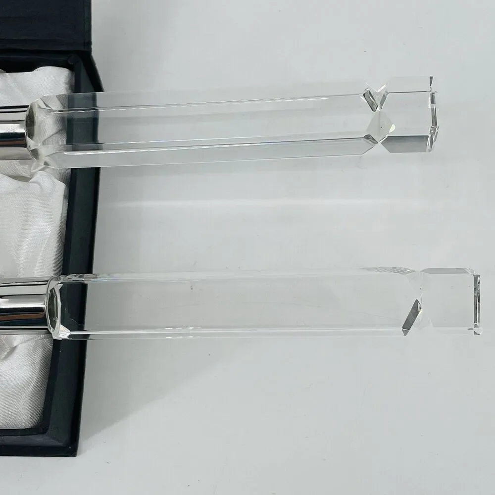 Oleg Cassini Stainless Salad Server Set Crystal Square Handles Satin Lined Box
